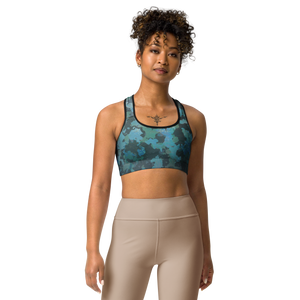 Moisture Wicking Ocean Camo Sports Bra (white & black piping)
