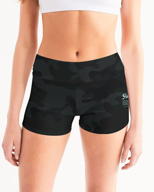 Women's Active Comfort Black Camo Mid-Rise Yoga-Surf Shorts FIND YOUR COAST CO
