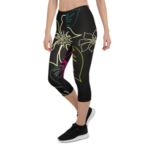 Women's All Day Comfort Black Aloha Capri Leggings FIND YOUR COAST CO