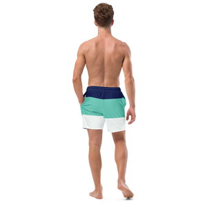 Men's Classic Striped Teal Royal and White Mid-Length Swim Shorts UPF 50+ FIND YOUR COAST CO