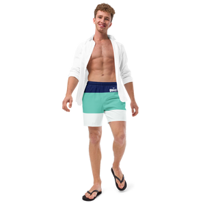 Men's Classic Striped Teal Royal and White Mid-Length Swim Shorts UPF 50+ FIND YOUR COAST CO