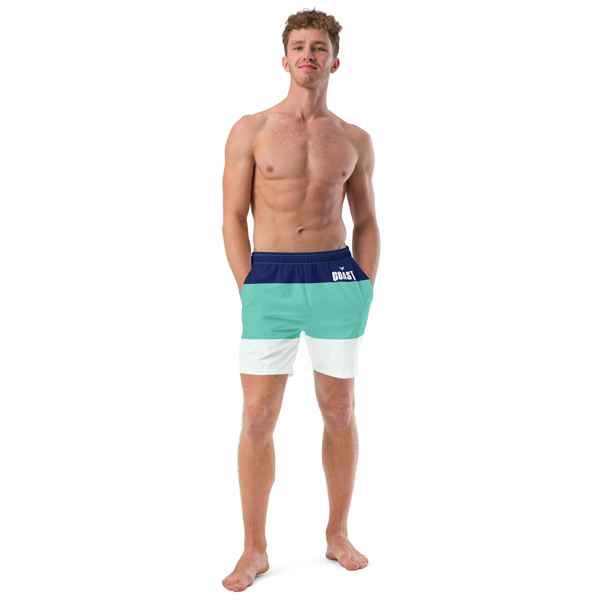 Men's Classic Striped Teal Royal and White Mid-Length Swim Shorts UPF 50+ FIND YOUR COAST  CO