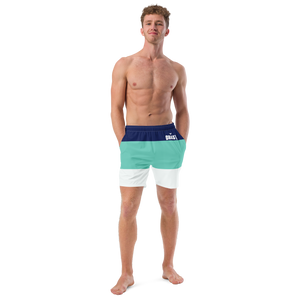 Men's Classic Striped Teal Royal and White Mid-Length Swim Shorts UPF 50+ FIND YOUR COAST CO