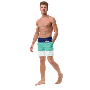 Men's Classic Striped Teal Royal and White Mid-Length Swim Shorts UPF 50+ FIND YOUR COAST CO