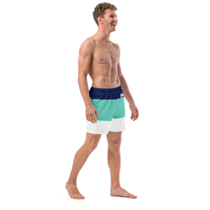 Men's Classic Striped Teal Royal and White Mid-Length Swim Shorts UPF 50+ FIND YOUR COAST CO