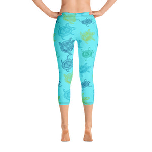 Women's All Day Comfort Light Blue Turtle Capri Leggings FIND YOUR COAST CO