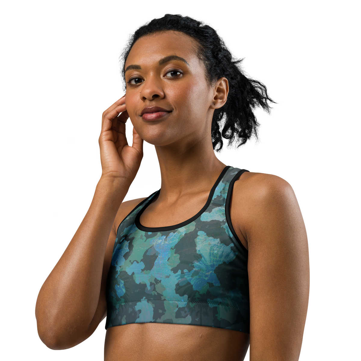 Find Your Coast Apparel Moisture Wicking Ocean Camo Sports Bra White Black Piping White L