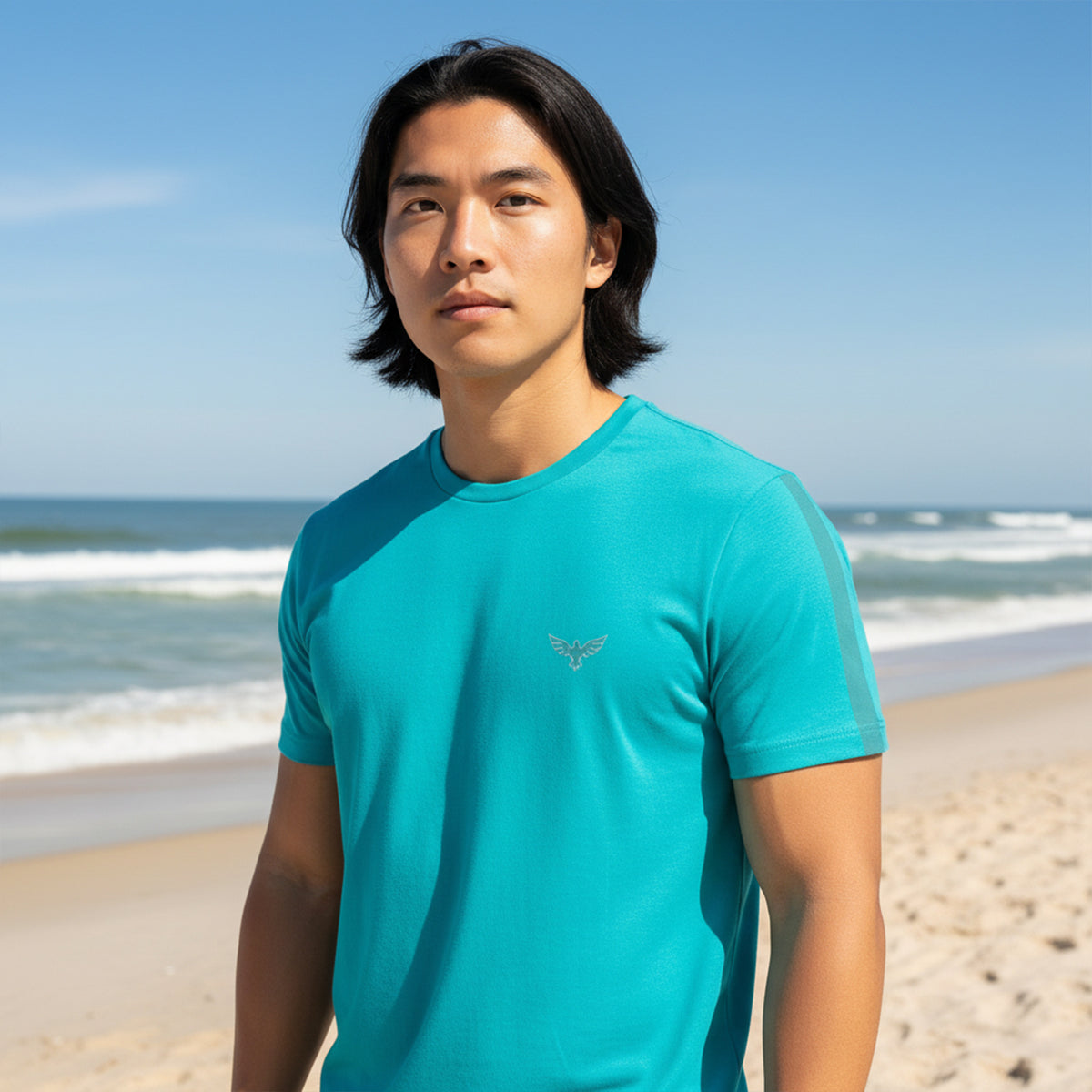 Men's Charter Stripe Performance Crewneck Flat Teal Shirt