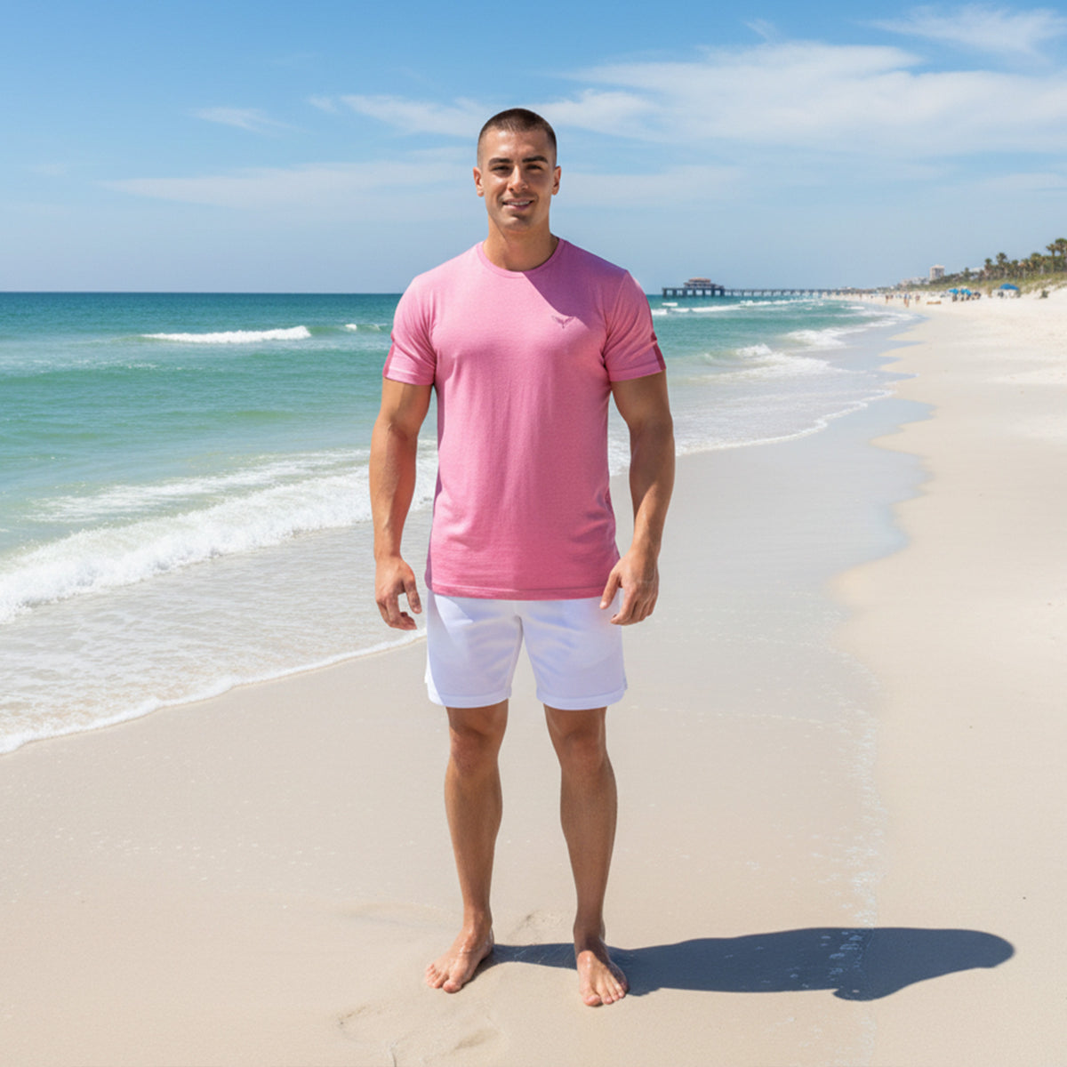 Men's Charter Stripe Performance Crewneck Sunset Pink Shirt