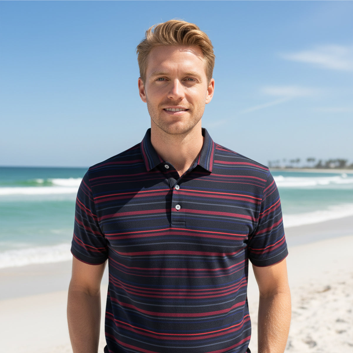 Find Your Coast® Inlet Stripe Short Sleeve Slim Cut Polo Shirt