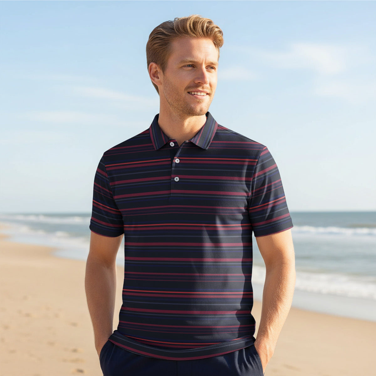 Find Your Coast® Inlet Stripe Short Sleeve Slim Cut Polo Shirt