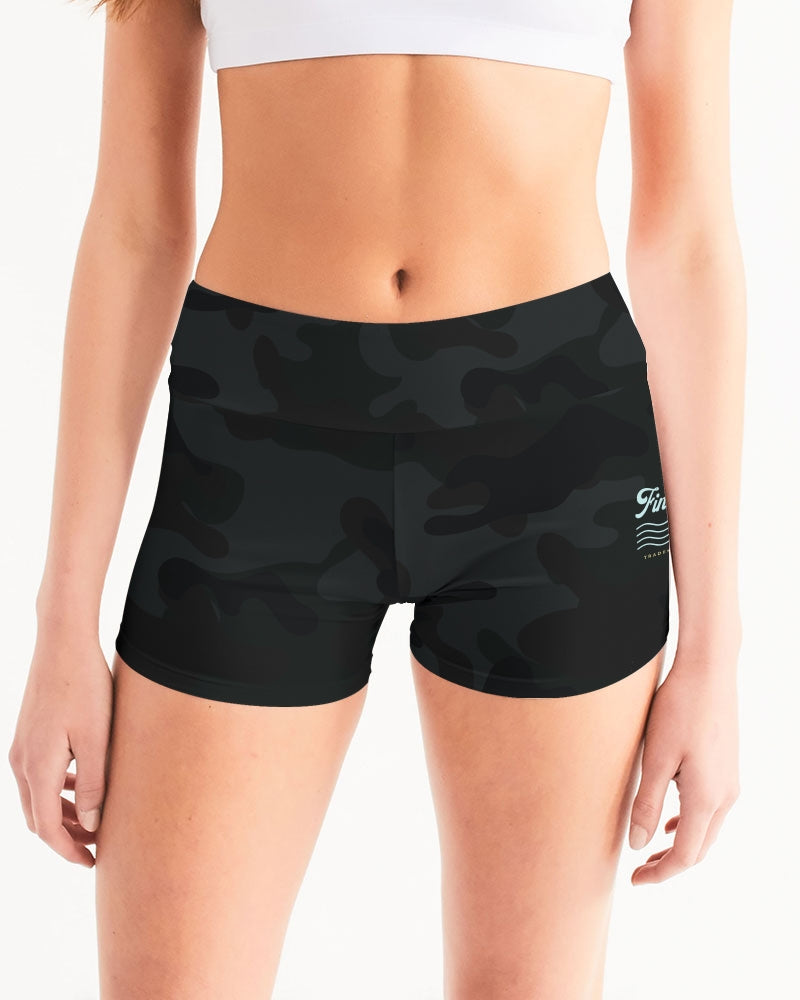 Women's Active Comfort Black Camo Mid-Rise Yoga-Surf Shorts FIND YOUR COAST  CO