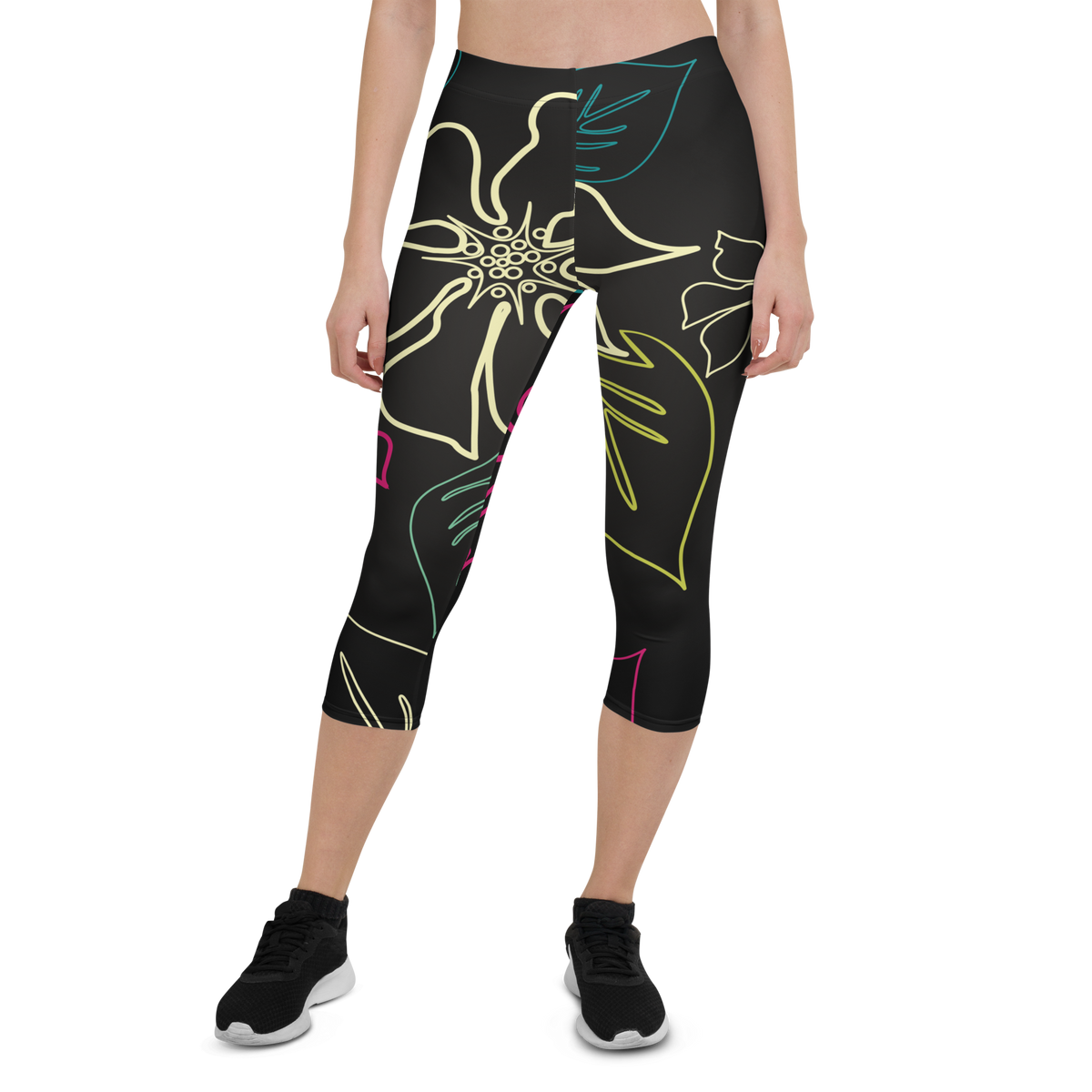 Women's All Day Comfort Black Aloha Capri Leggings FIND YOUR COAST  CO