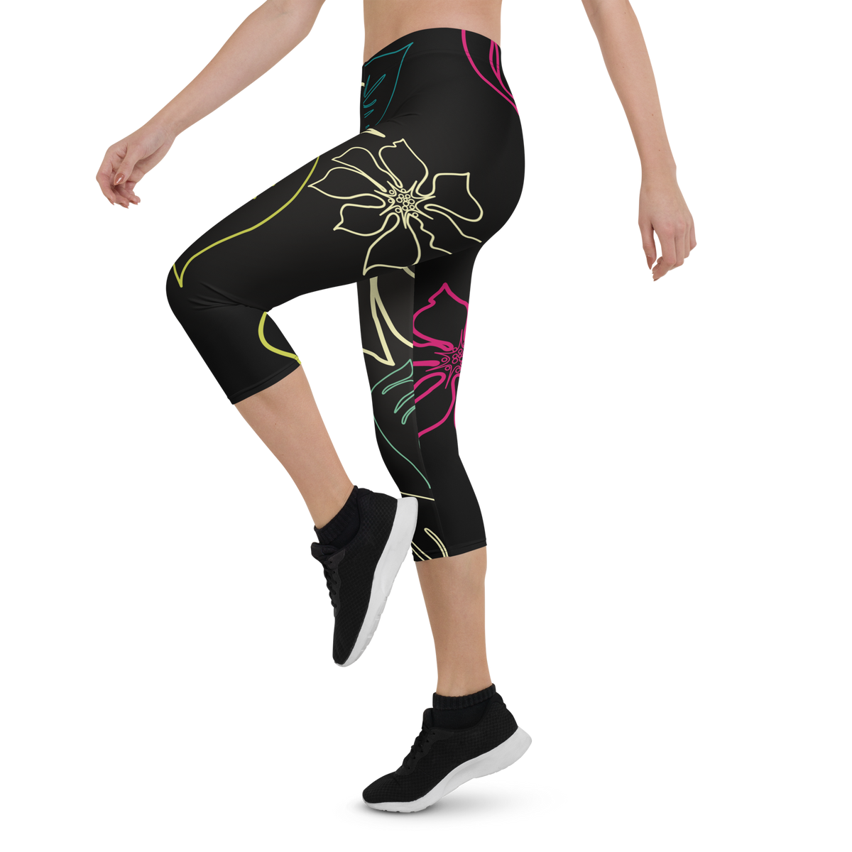 Women's All Day Comfort Black Aloha Capri Leggings FIND YOUR COAST  CO