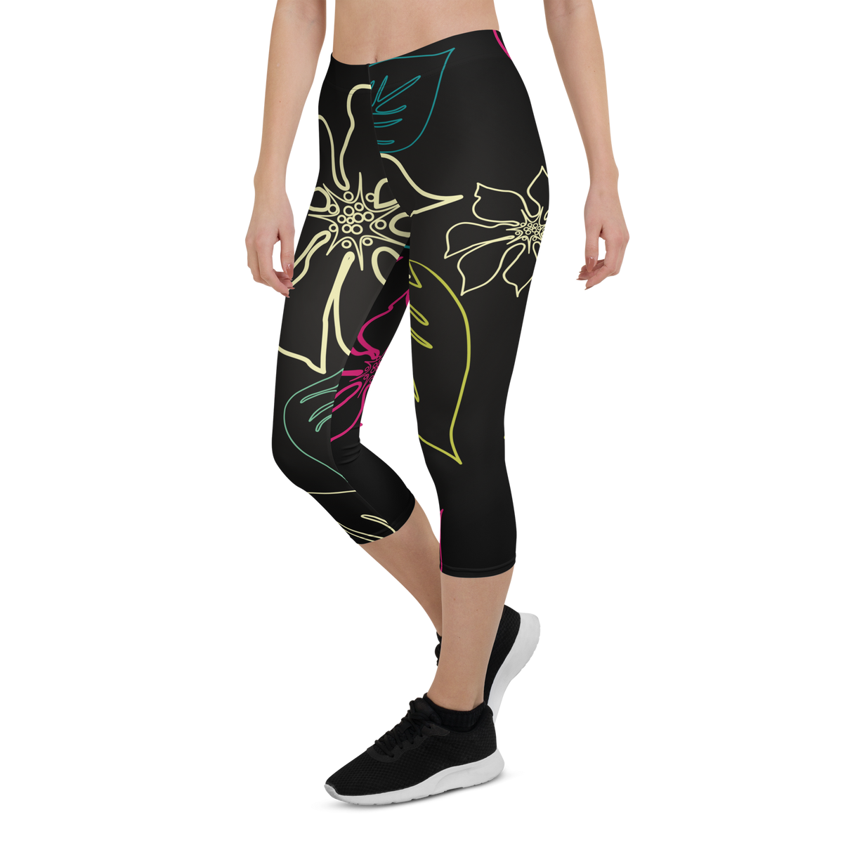 Women's All Day Comfort Black Aloha Capri Leggings FIND YOUR COAST  CO