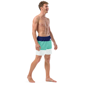 Men's Classic Striped Teal Royal and White Mid-Length Swim Shorts UPF 50+ FIND YOUR COAST  CO