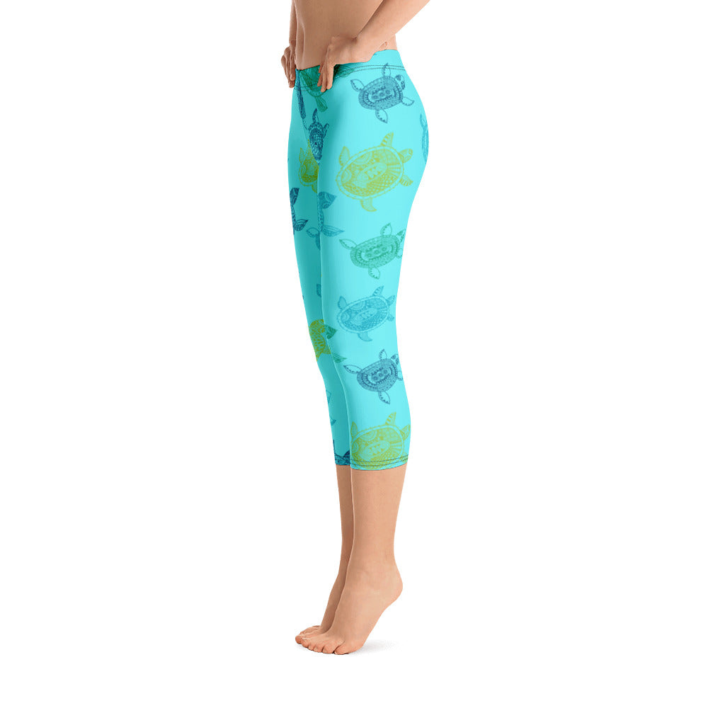 Women's All Day Comfort Light Blue Turtle Capri Leggings FIND YOUR COAST  CO