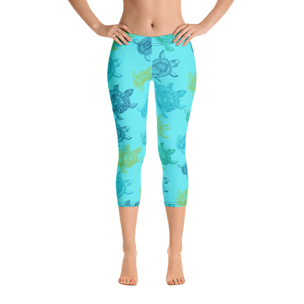 Women's All Day Comfort Light Blue Turtle Capri Leggings FIND YOUR COAST  CO