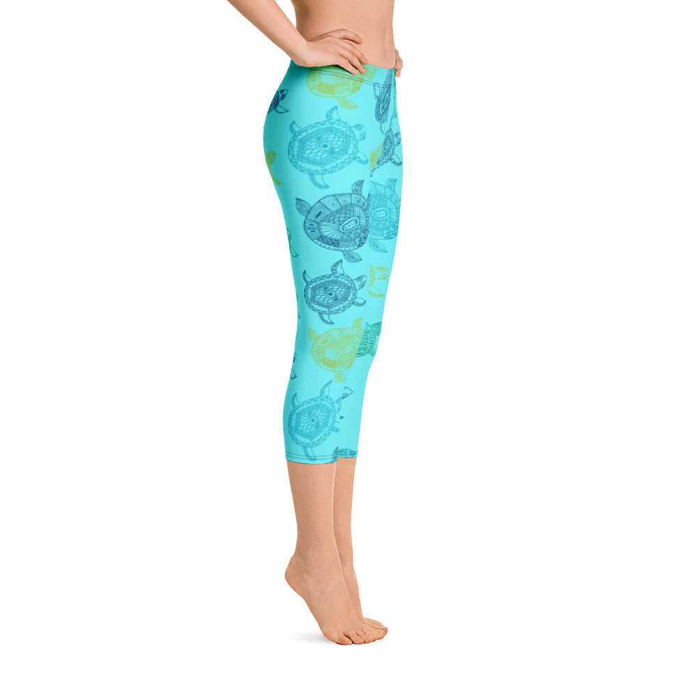 Women's All Day Comfort Light Blue Turtle Capri Leggings FIND YOUR COAST  CO